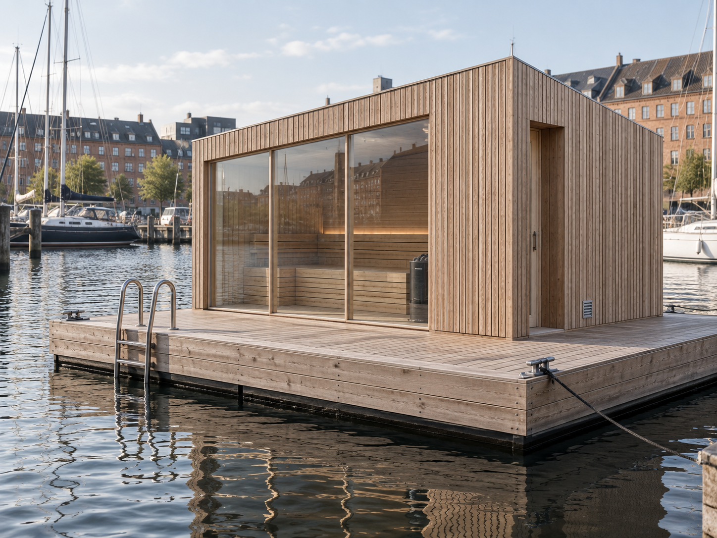 Flydende sauna med skråt tag, bred glasfacade og badestige i havnemiljø.