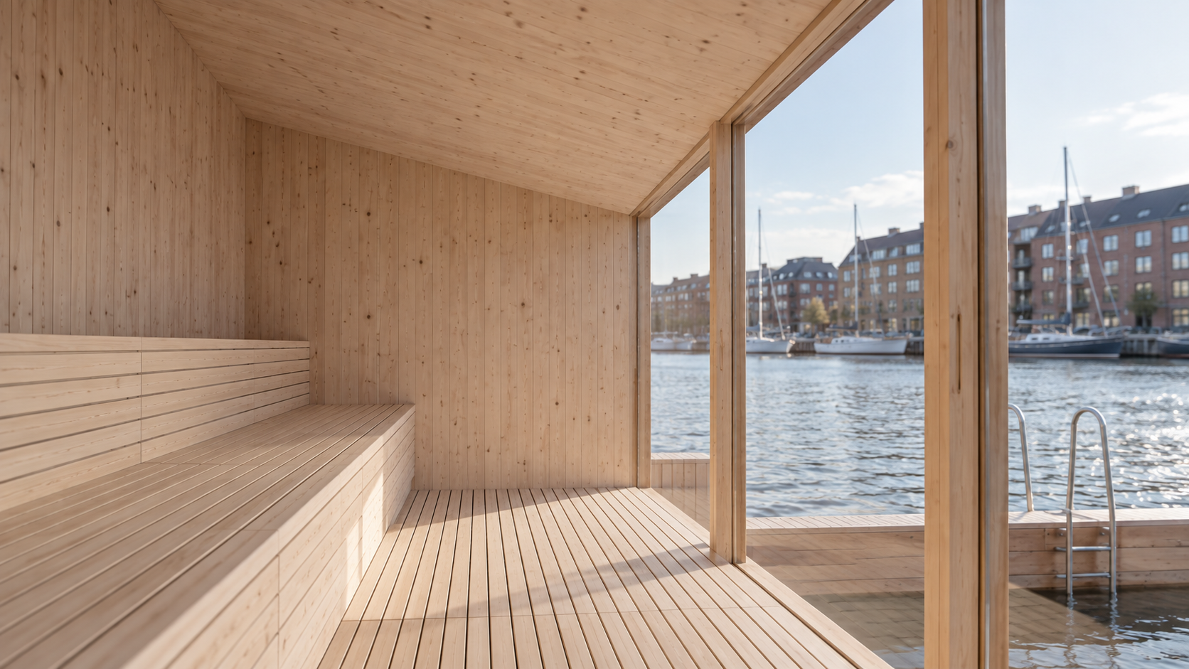 Lyst saunainteriør i træ med bænke, skrånende loft og udsigt gennem glasfacaden.