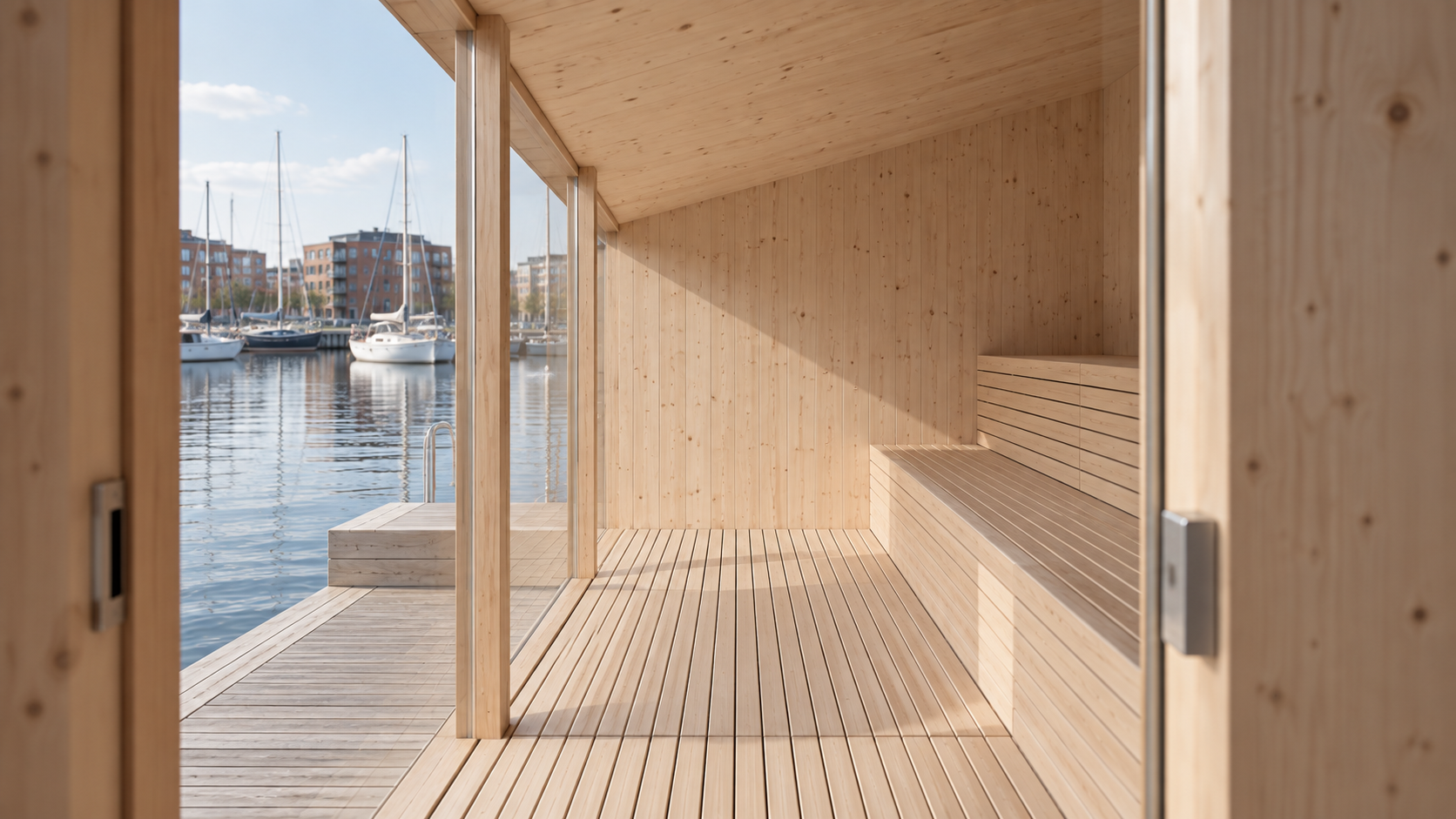Saunainteriør set gennem døråbningen med bænke og lang glasfacade.